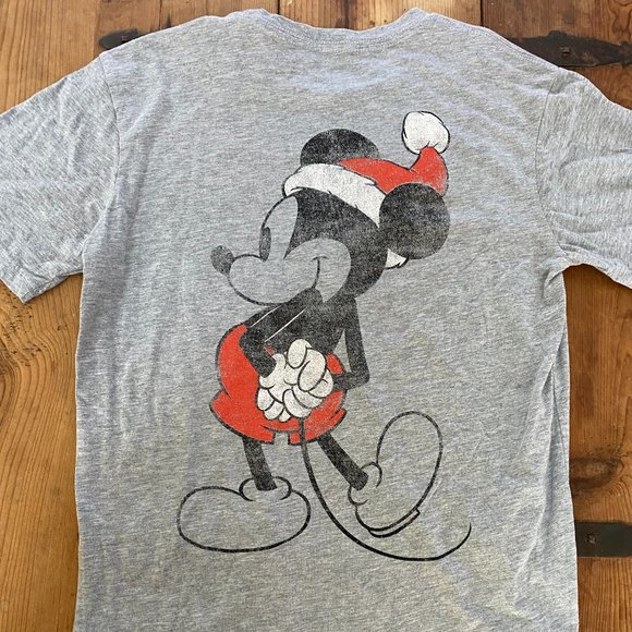 Disney Mickey Mouse Santa Christmas Front & Back Gray T Shirt Size Small - Picture 2 of 7